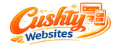 Cushy Websites logo with orange text, rocket icon, and website mockups on blue background