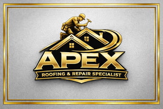 APEX Roofing and Repair Specialist logo featuring a golden roofer on a house silhouette with text banner