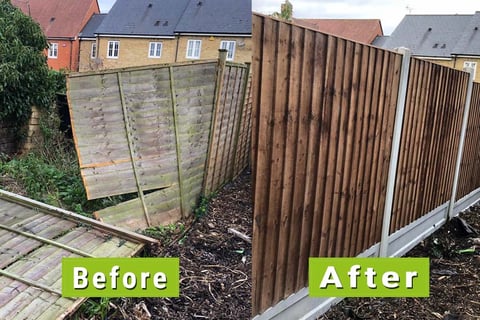 Before and after comparison of fence replacement, showing old weathered fence on left and new brown wooden fence on right