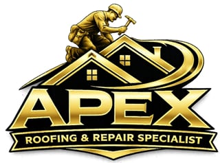 Apex Roofing and Repair Specialist logo featuring a gold roofer with hammer on a house roof